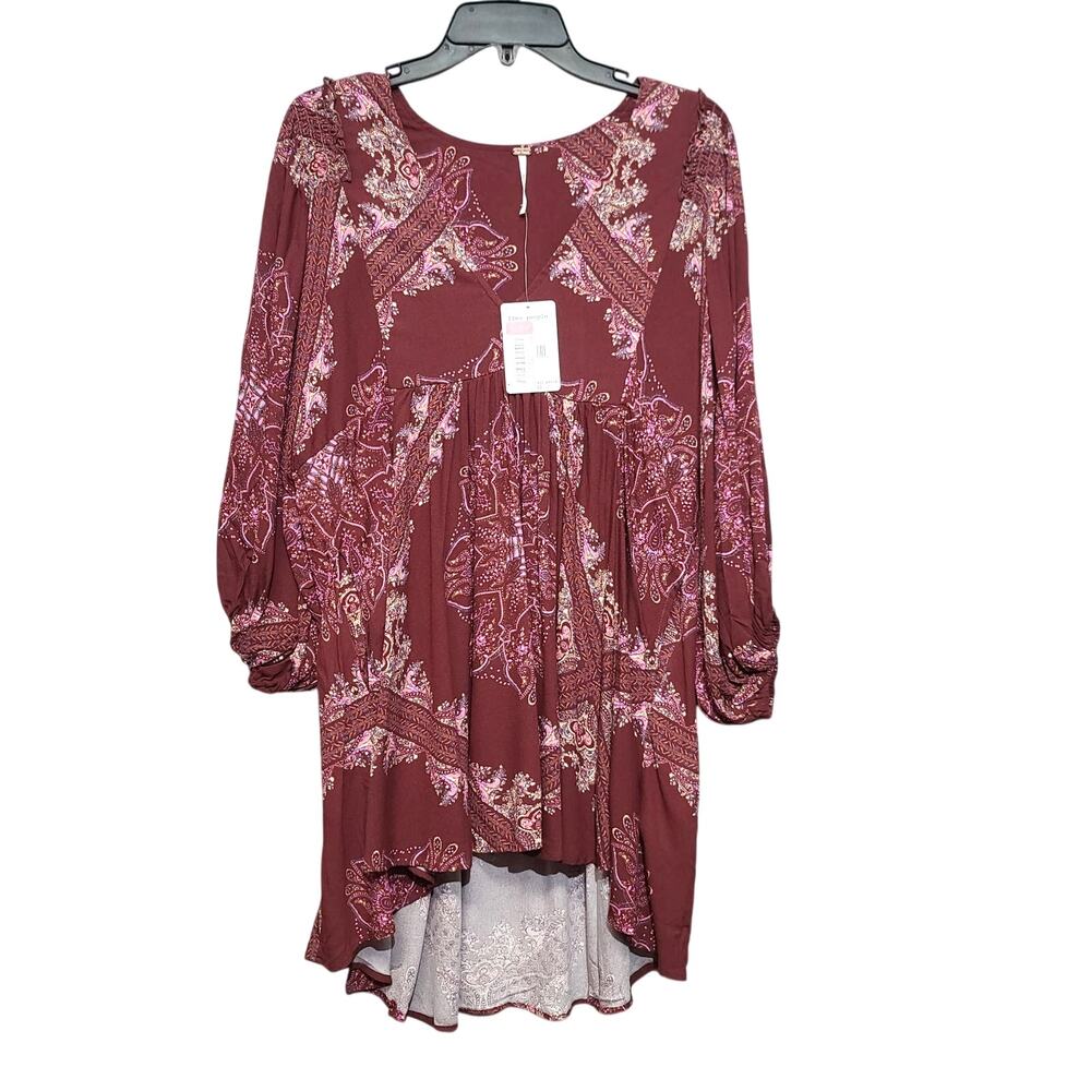 Free People Girl Talk V-Neck Floral Tunic Small NWT 30.5" Long Rayon